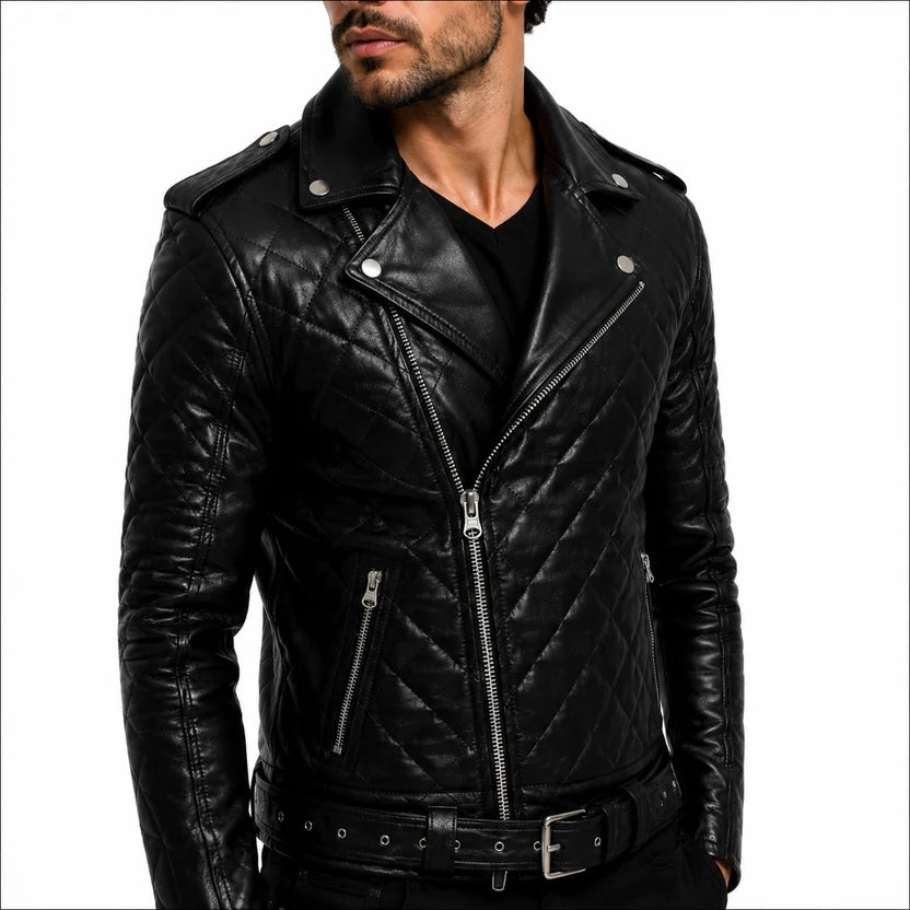 Men's White Leather Quilted Biker Jacket