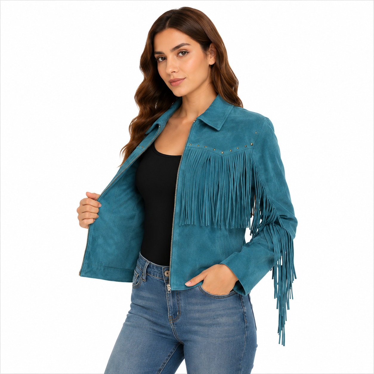 Women's Teal Faux Suede Fringe Zip-Up Jacket