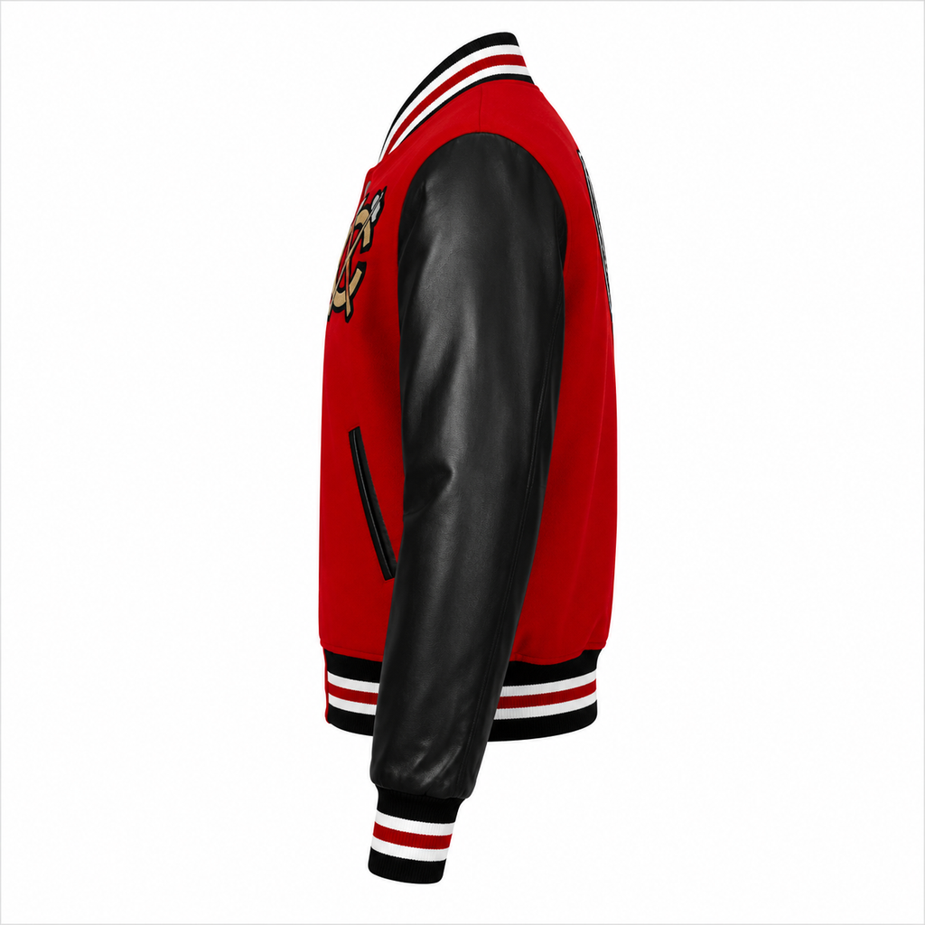 Men's red Chicago Blackhawks NHL bomber jacket leather sleeves