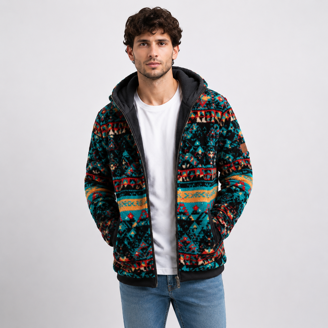 Men's Teal Black Aztec Tribal Sherpa Fleece Zip Hoodie 