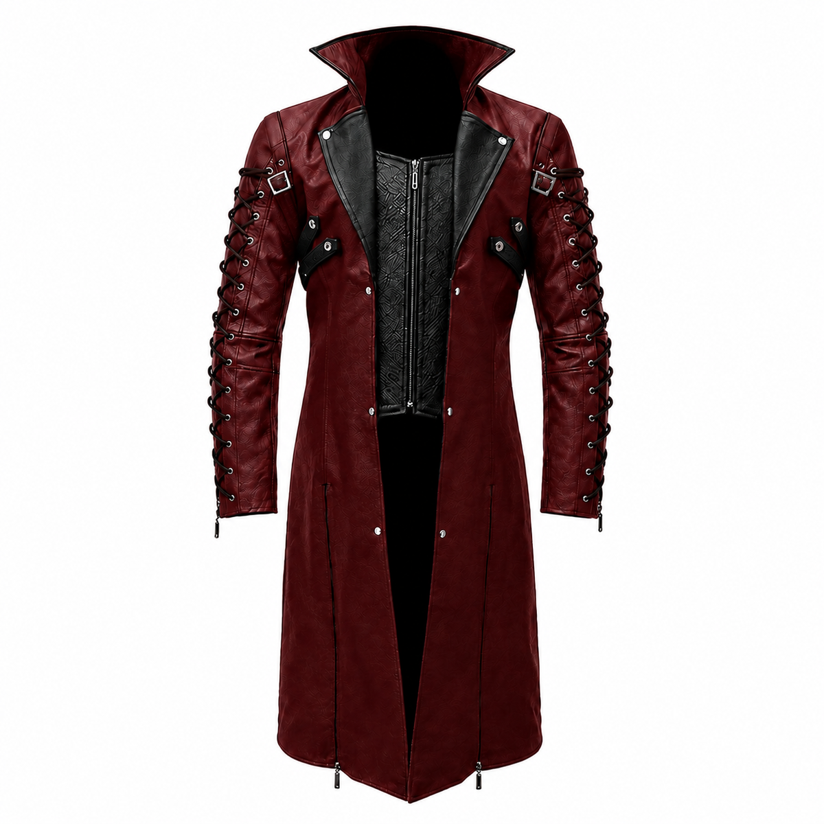 lace up sleeves with eyelets on men's burgundy gothic trench coat