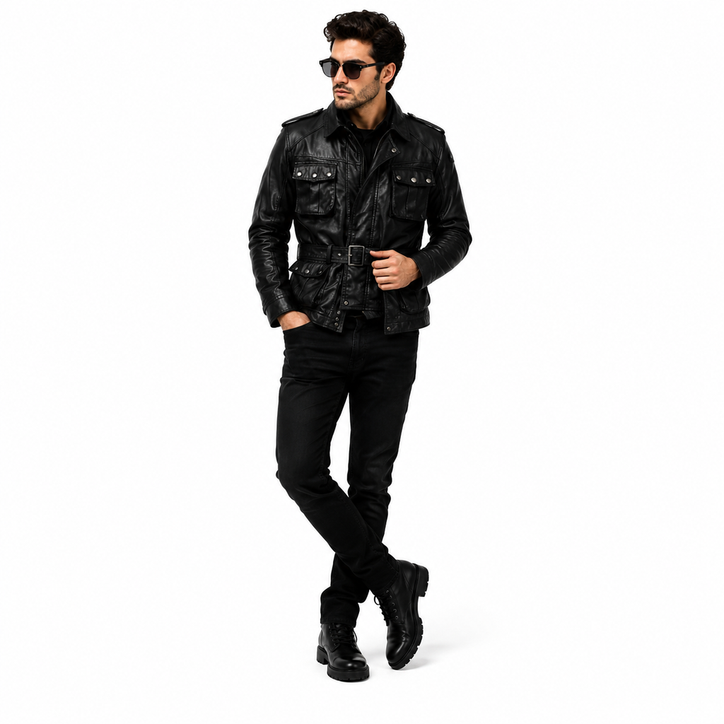 Men's Black Military Safari Leather Field Jacket.