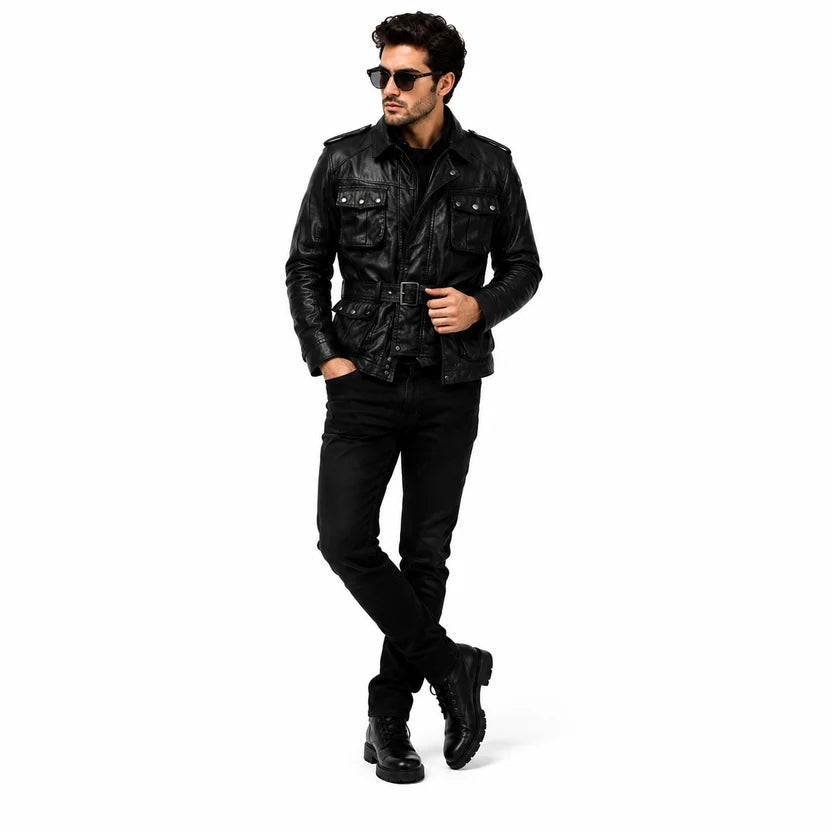 black leather biker jacket