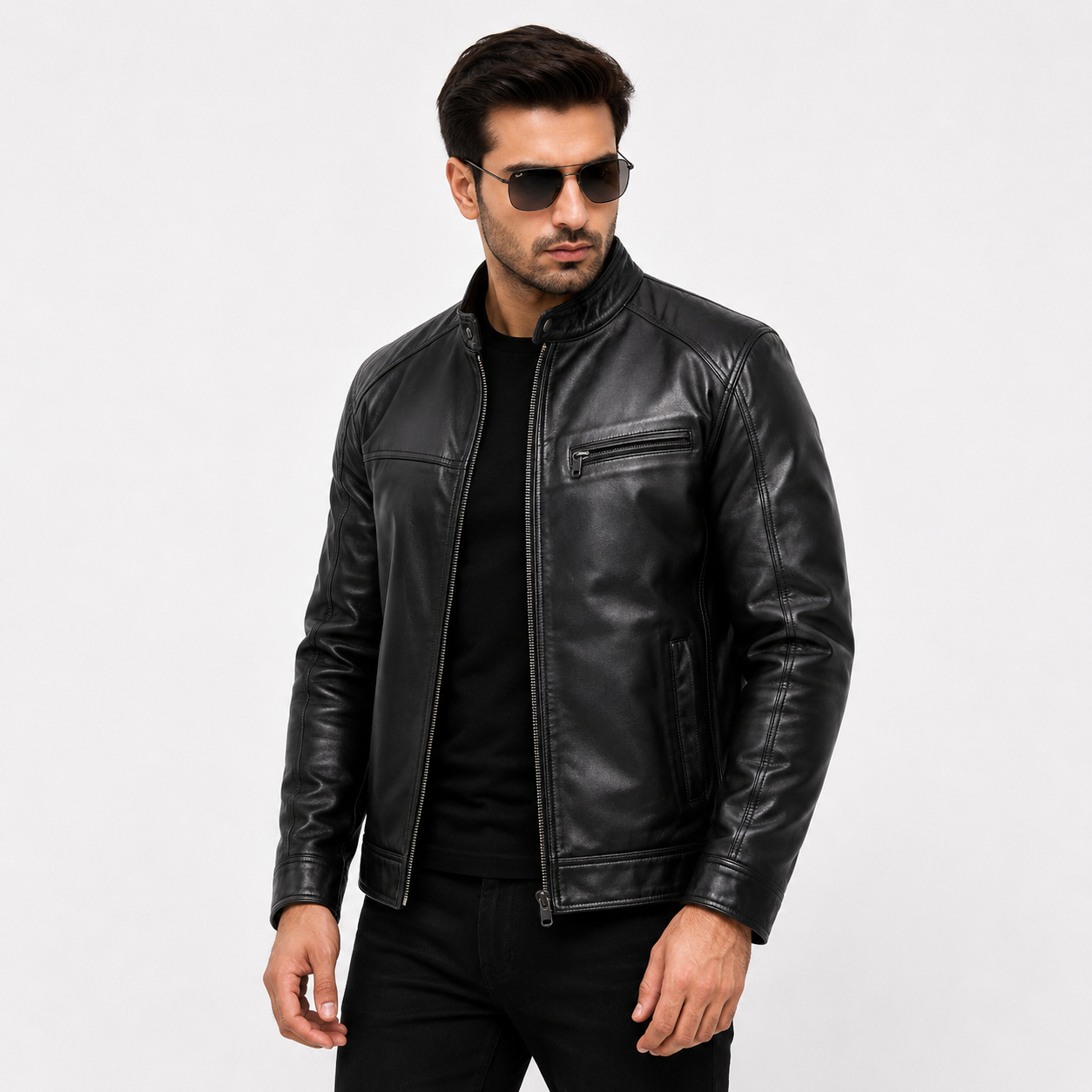 Men's black leather café racer jacket