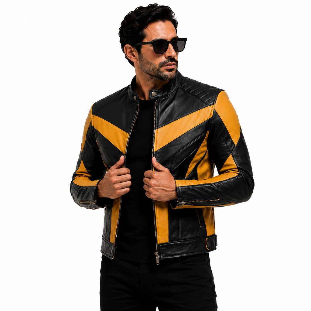 Men's Black & Mustard Yellow Racer Leather Jacket