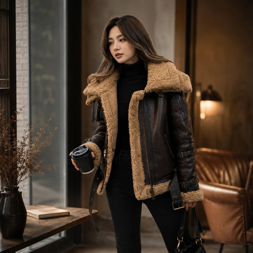 Women's Dark Brown Shearling Aviator Jacket