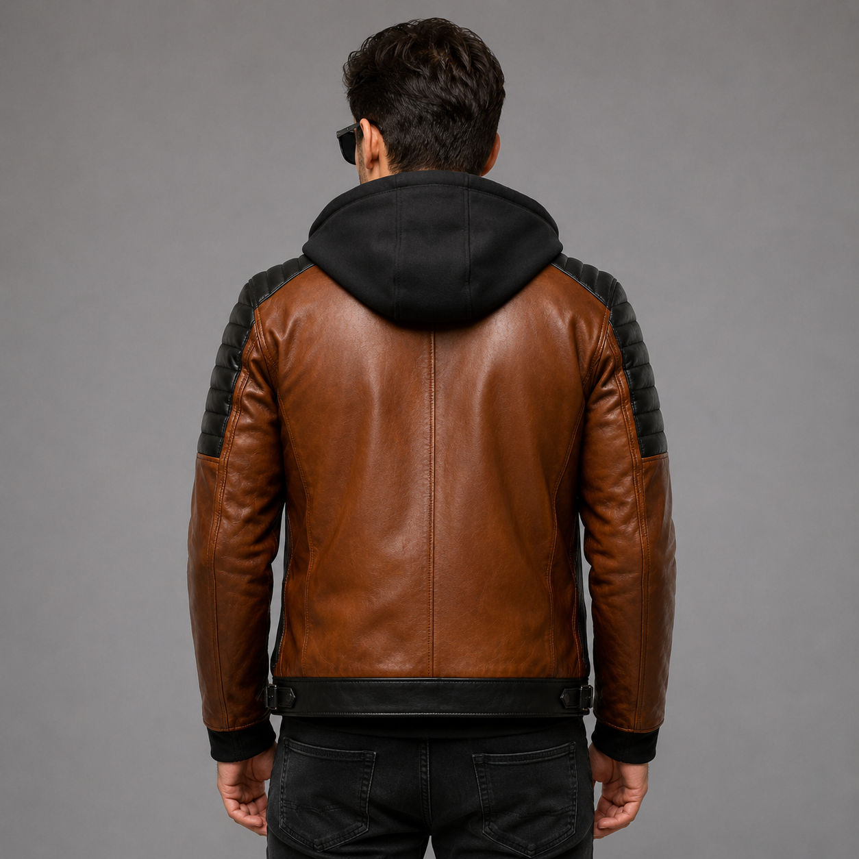 men's brown hooded leather biker jacket