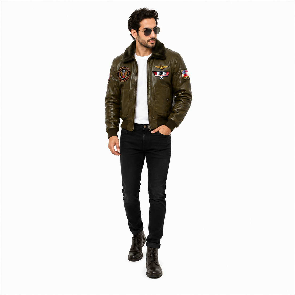 Men's Olive Green Top Gun G-1 Flight Leather Bomber Jacket