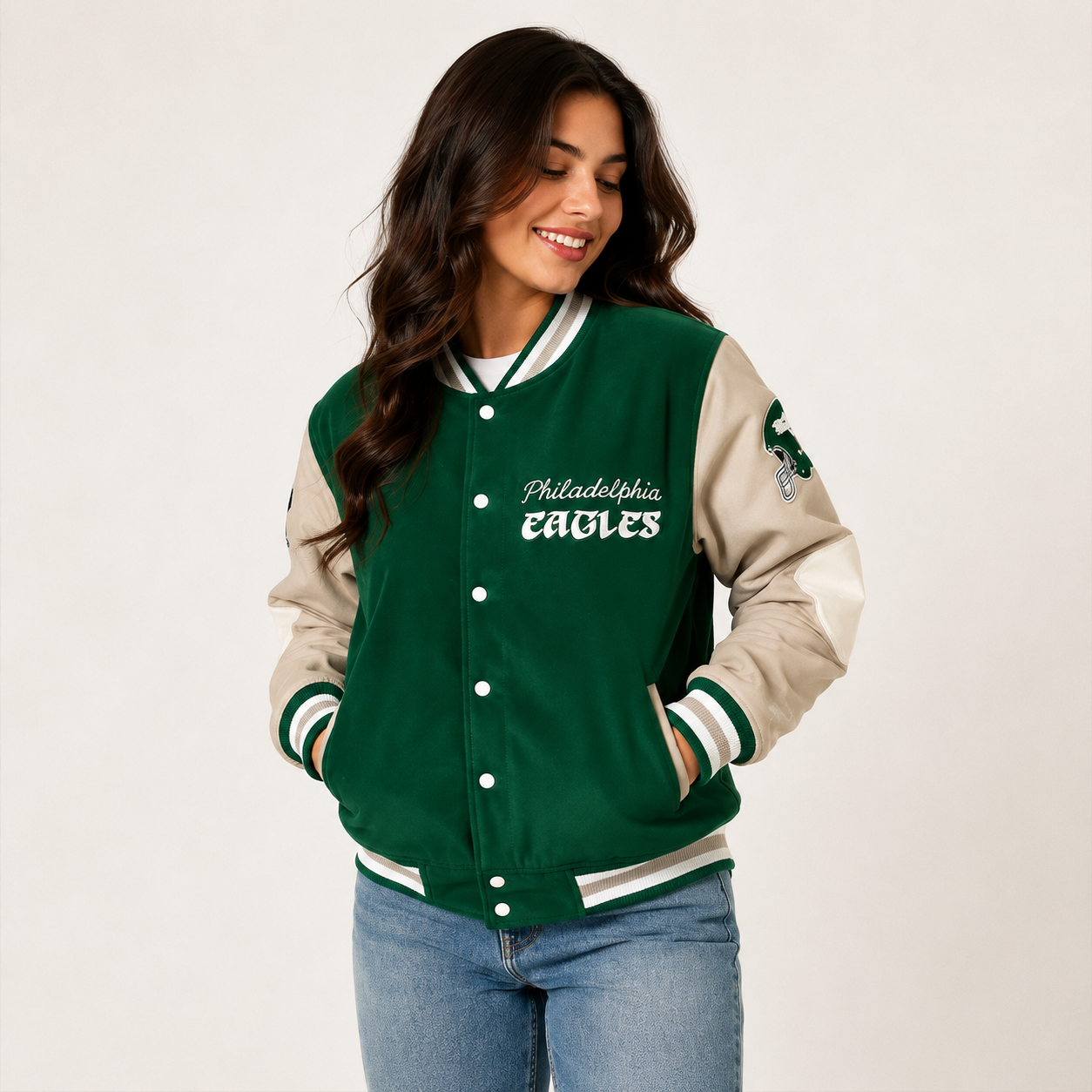 Women's Philadelphia Eagles Green Cream Varsity Jacket