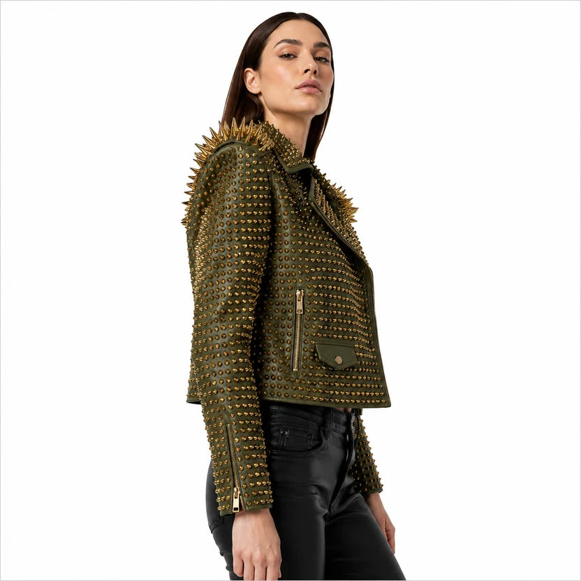 women's olive green leather biker jacket