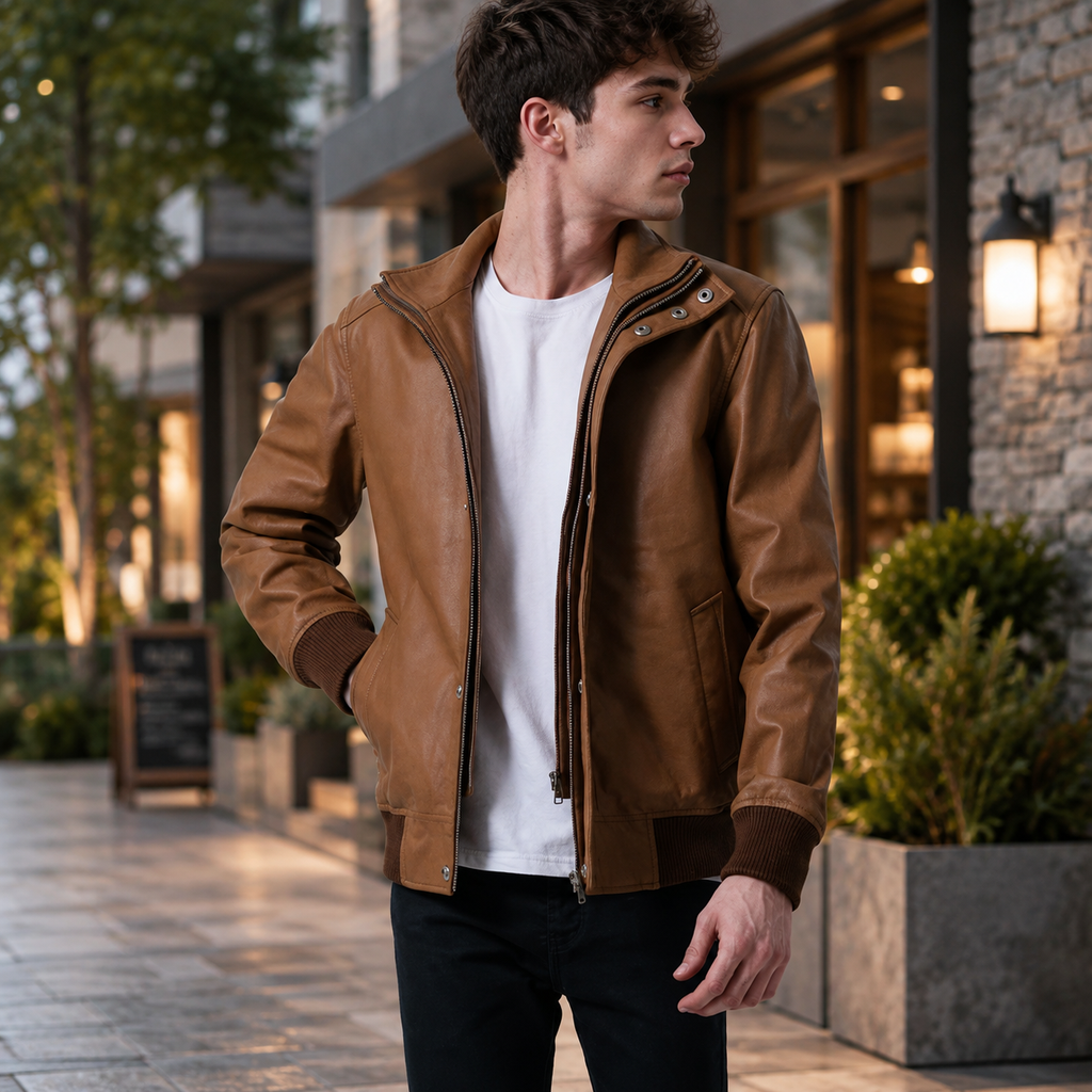 Lester Tan Leather Bomber Jacket