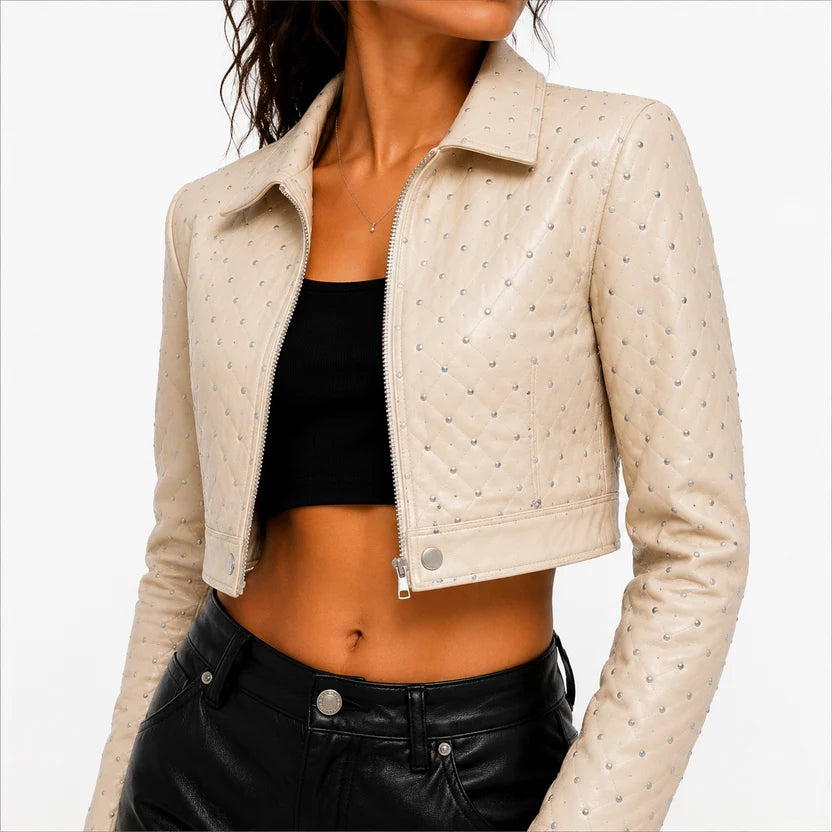 beige studded jacket women