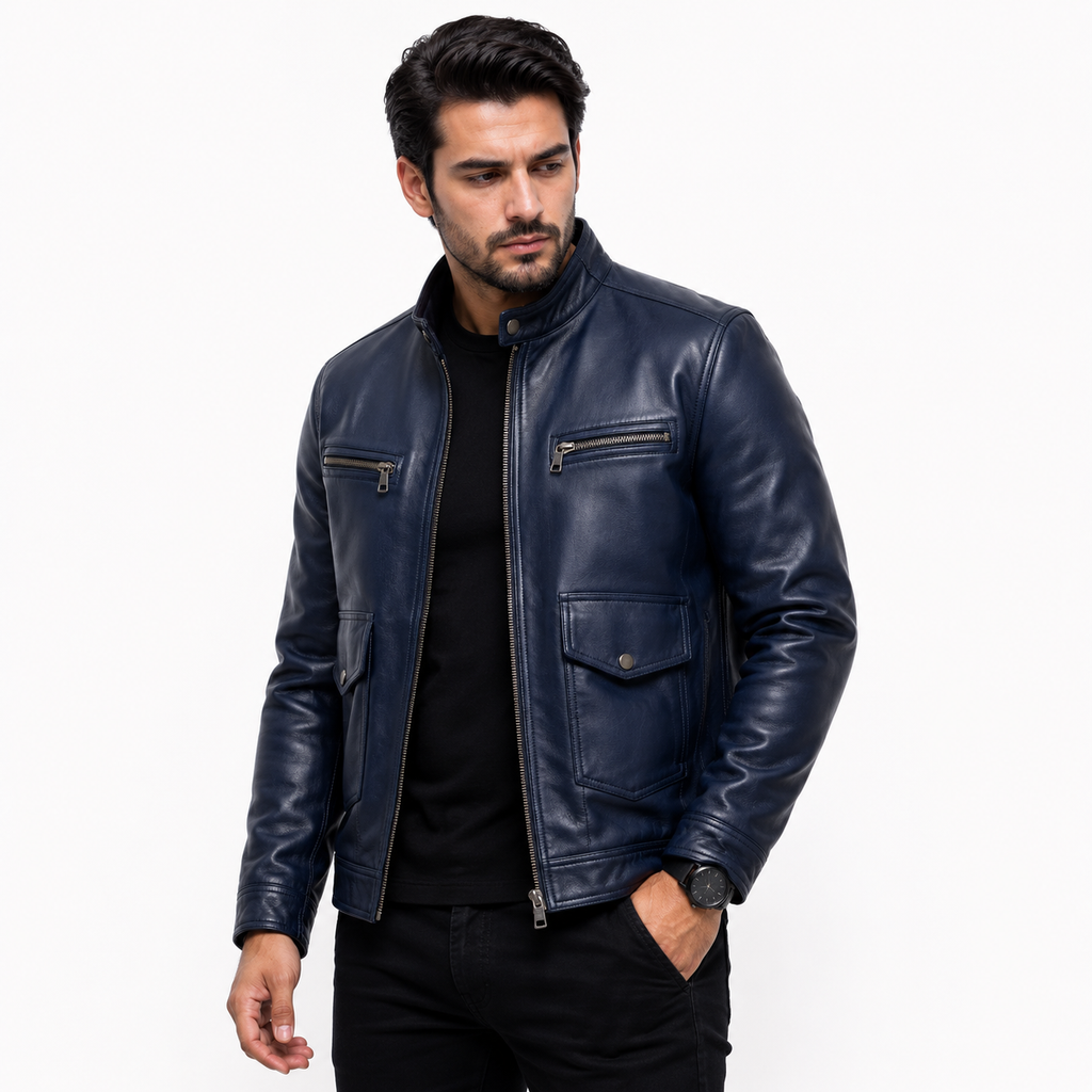 Men's navy blue leather café racer jacket