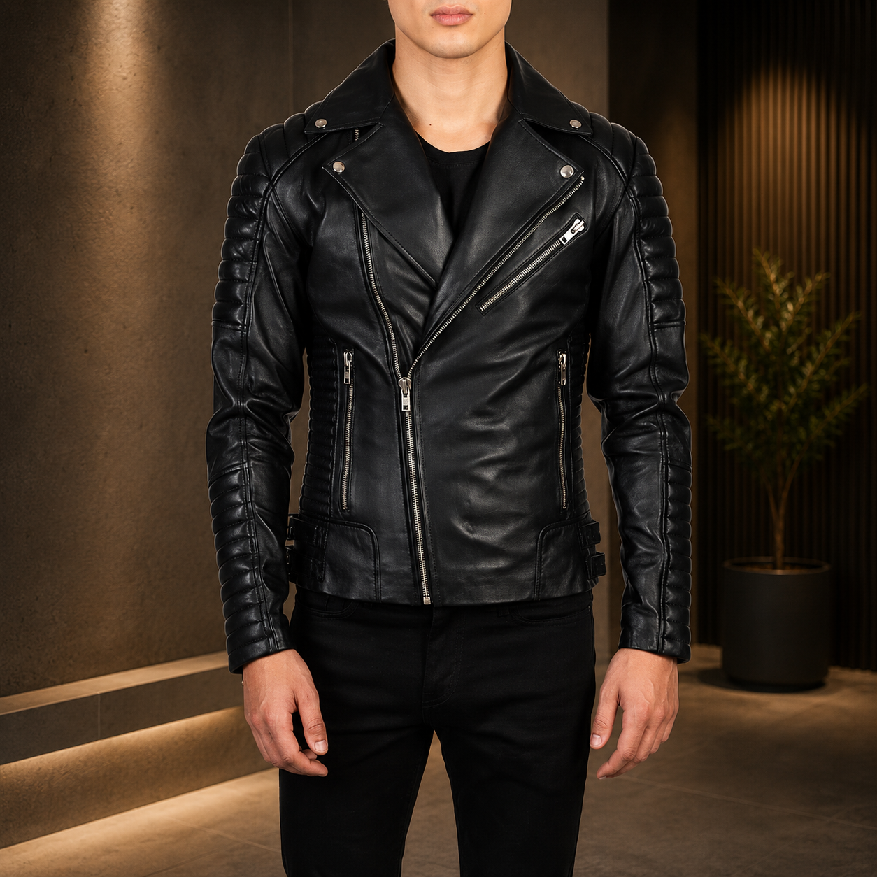 Men's Black Ribbed Leather Biker Jacket Streetwear Outfit