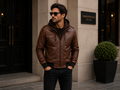 Men's Brown Genuine Leather Hooded Military Jacket