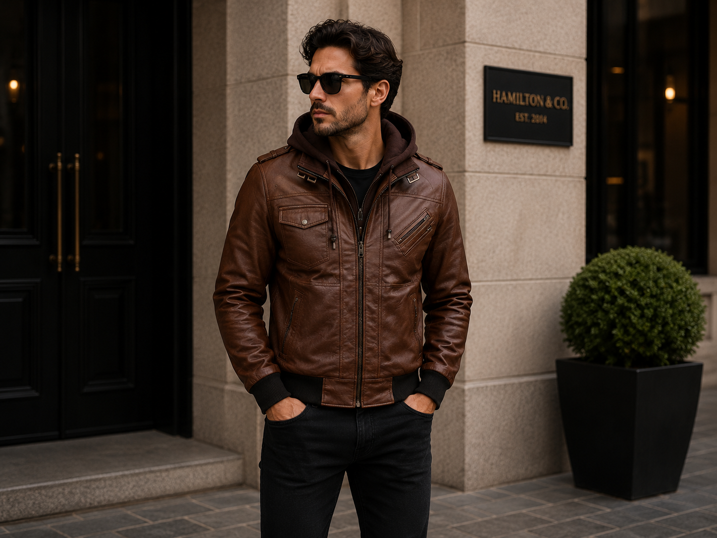 Men's Brown Genuine Leather Hooded Military Jacket