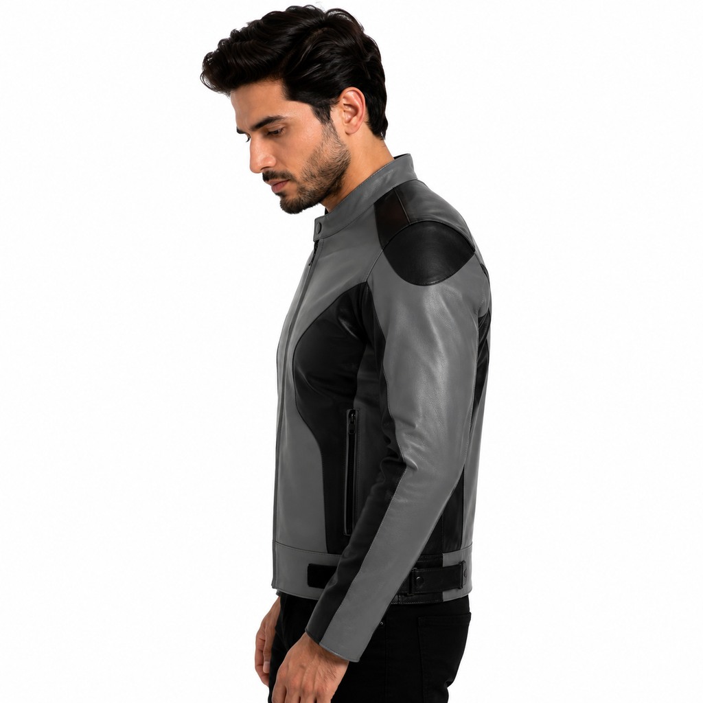 Men's Grey & Black Genuine Leather Biker Jacket