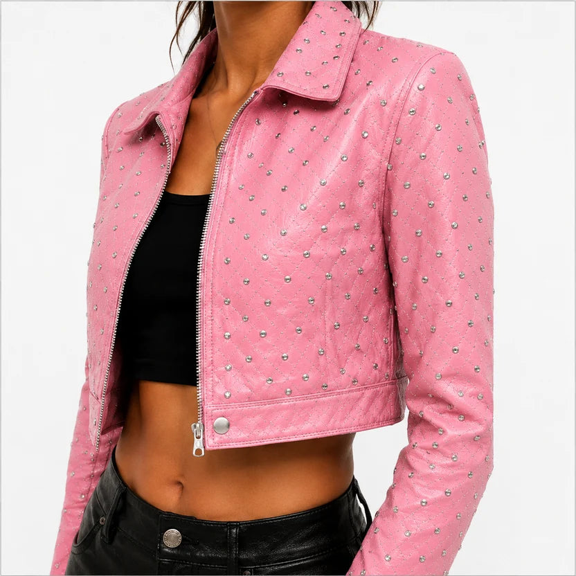 Women's Pink Glitter Crop Leather Jacket