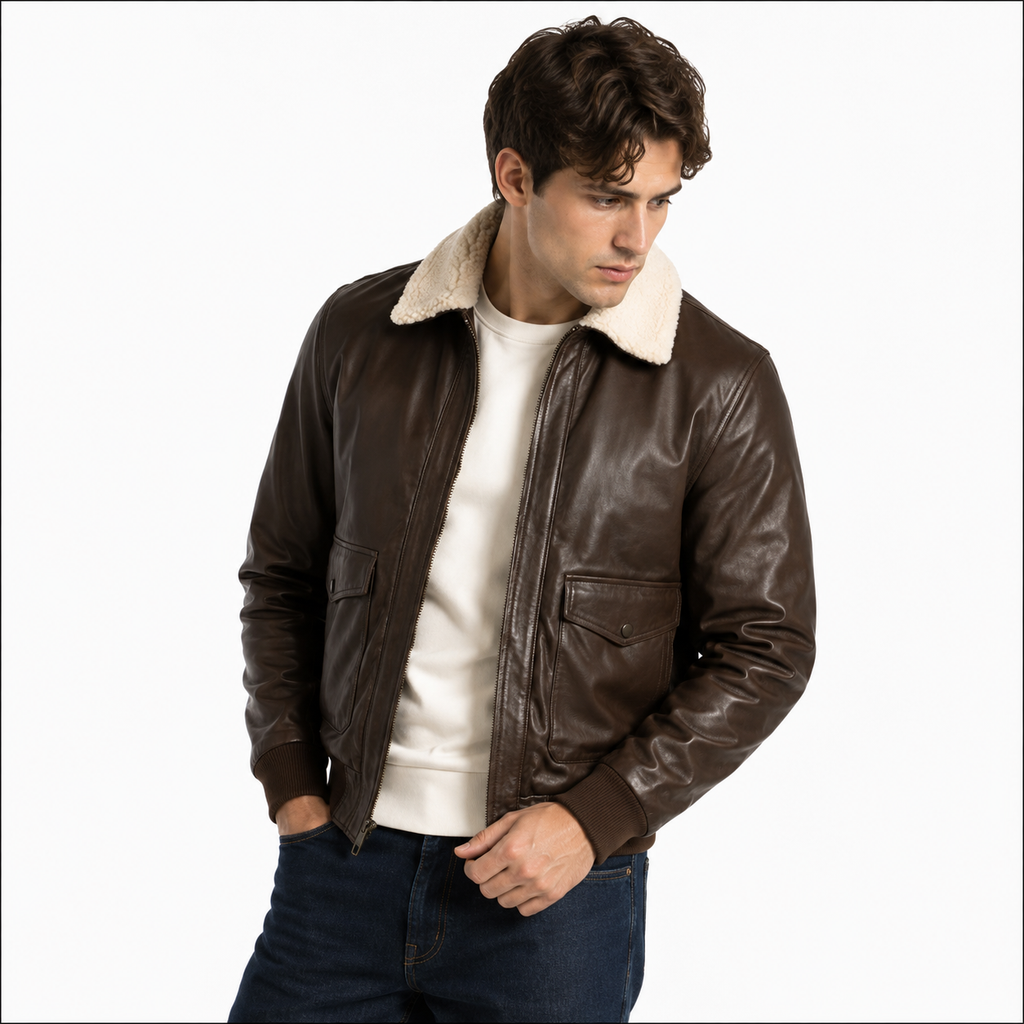 Mens Pilot Brown Bomber Shearling Leather Jacket