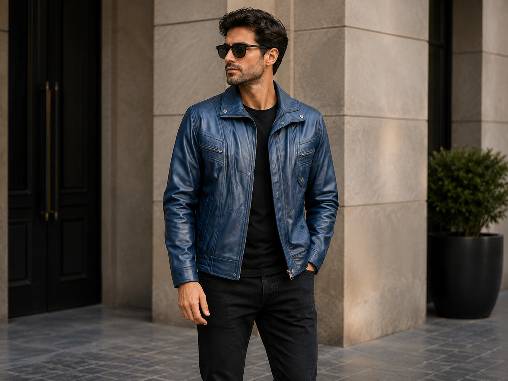 Men’s Leather Bomber Blouson Jacket – Robert Blue