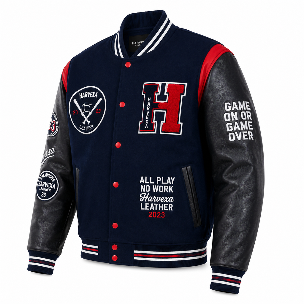Navy Blue Howard University HBCU Varsity Jacket Chest Closeup with Buffalo Logo and Big H Patch