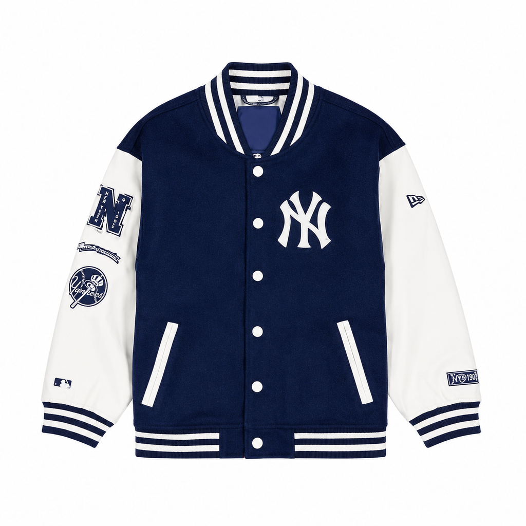 Navy Blue and White New York Yankees Varsity Jacket with NY Logo and Snap Buttons