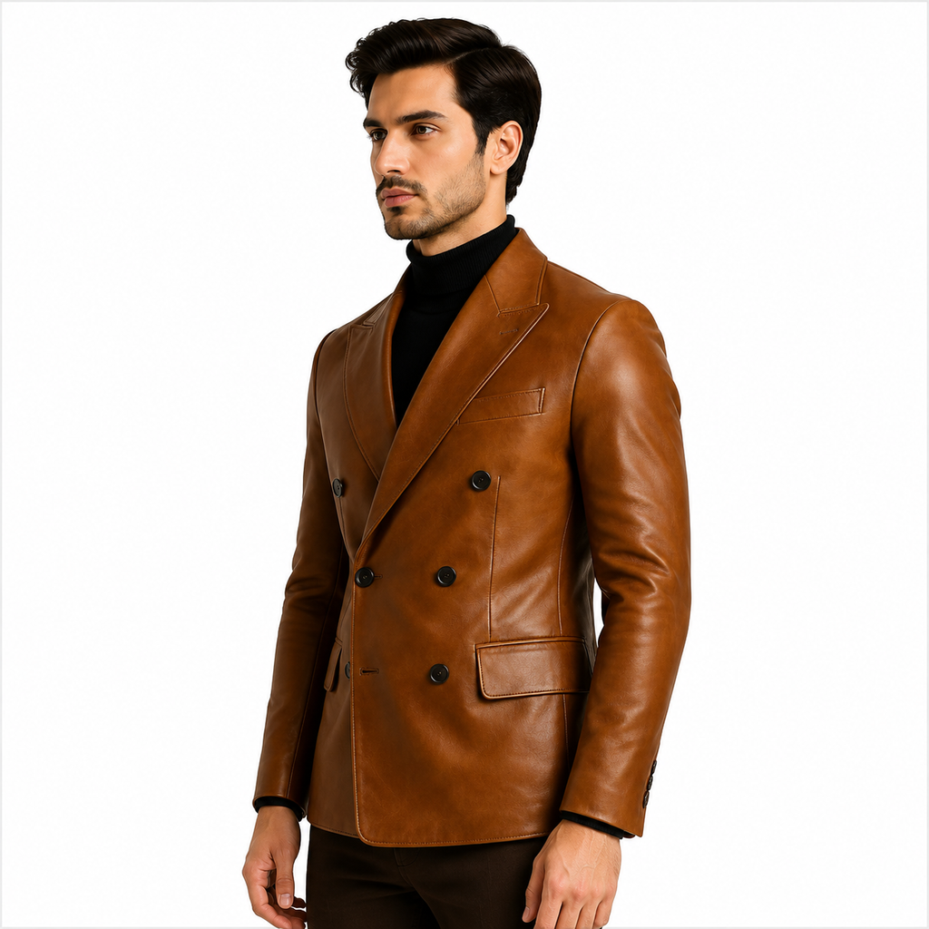 Men's Cognac Brown Double Breasted Genuine Leather Blazer