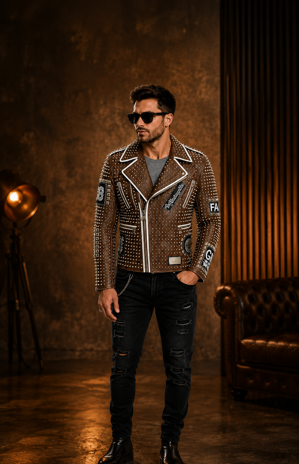 Brown studded leather biker jacket