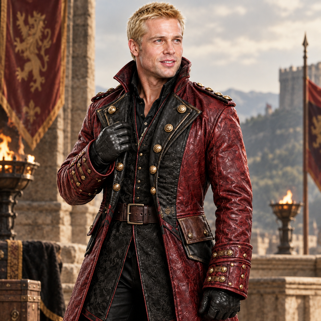 Men's medieval royal military leather trench coat burgundy