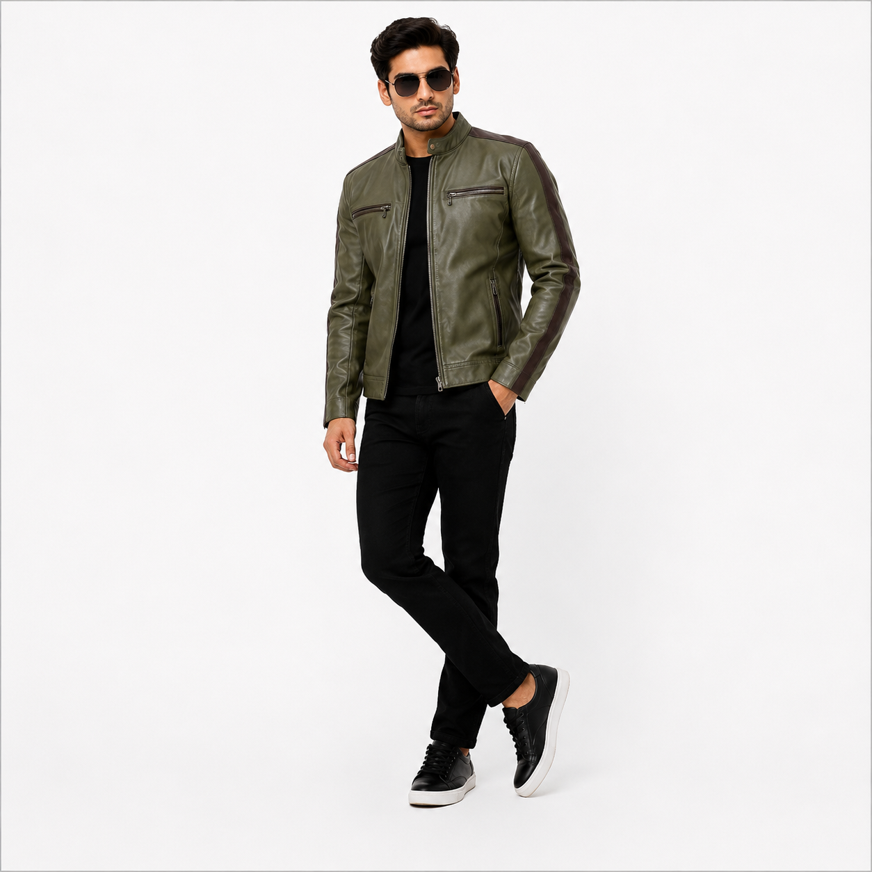 Men's Olive Green Cafe Racer Leather Jacket
