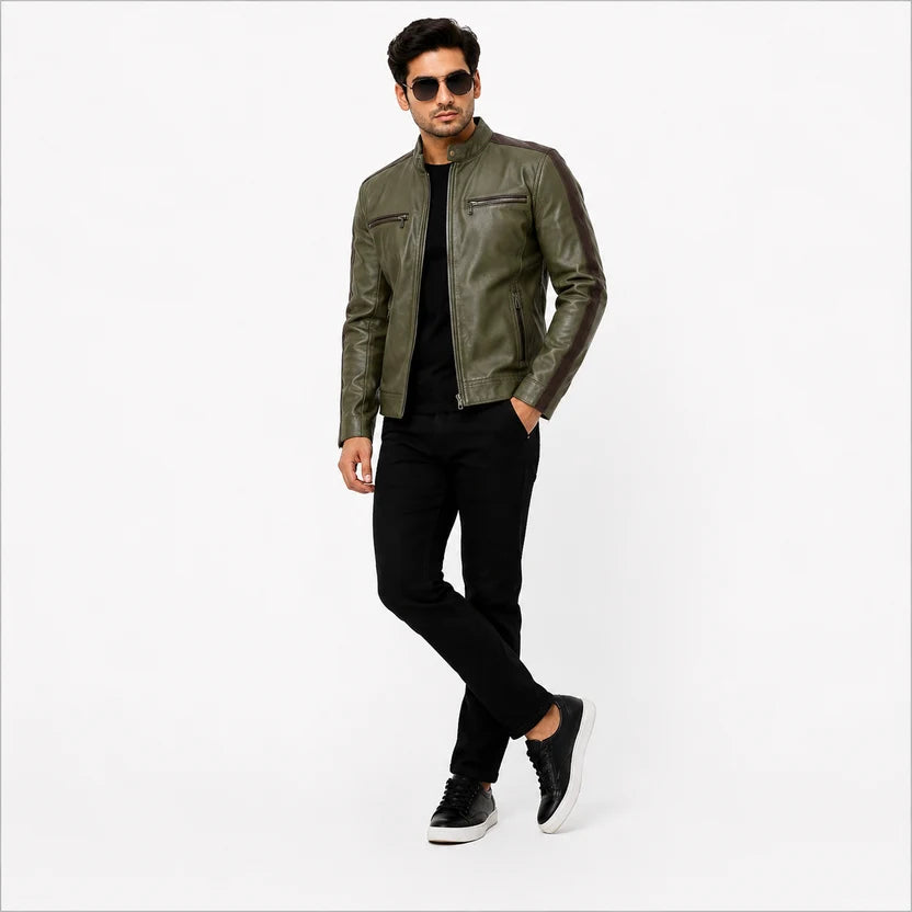 olive green leather jacket