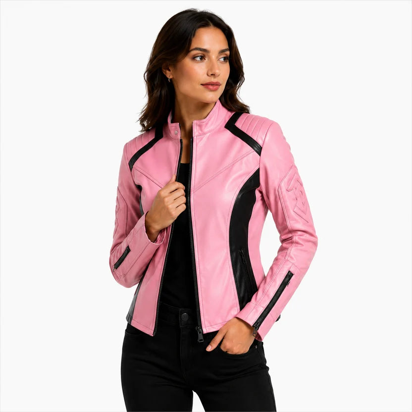 Women's Pink Black Panel Leather Biker Jacket