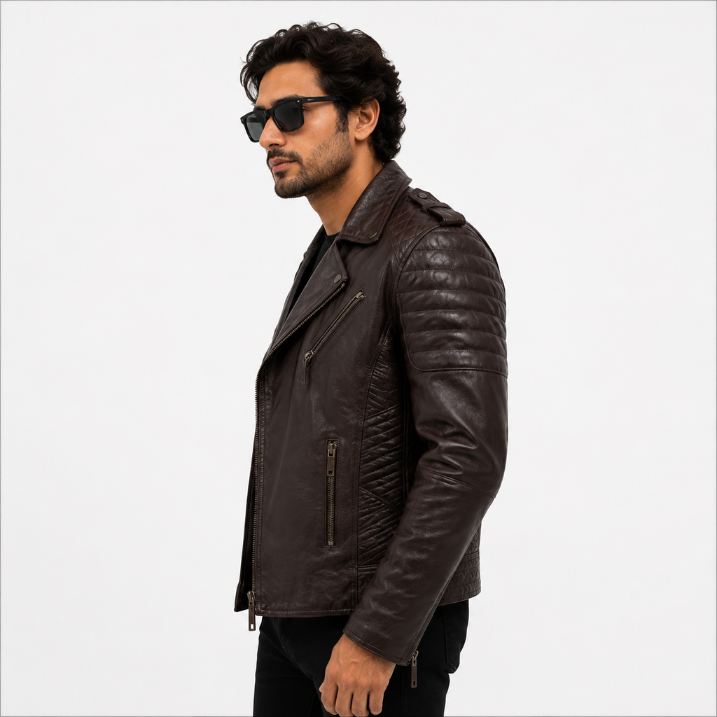 Men's Dark Brown Distressed Asymmetric Leather Biker Jacket