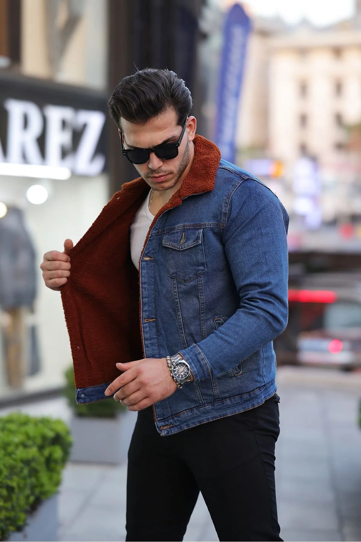 Full Brown Fur Dark Blue Denim Jacket