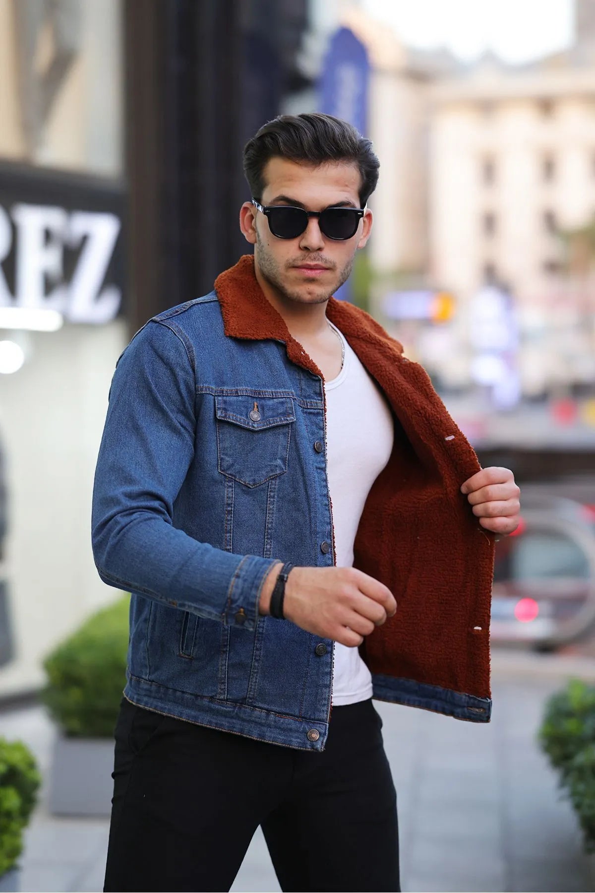 Full Brown Fur Dark Blue Denim Jacket