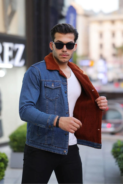 Full Brown Fur Dark Blue Denim Jacket