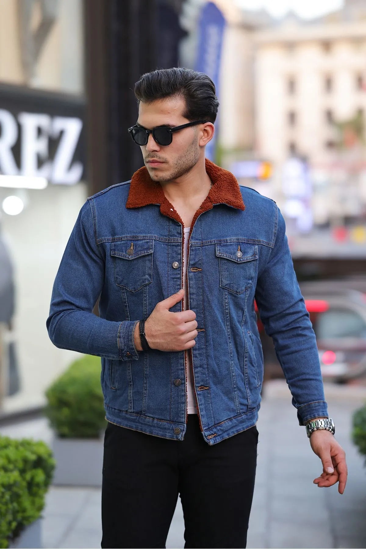 Full Brown Fur Dark Blue Denim Jacket