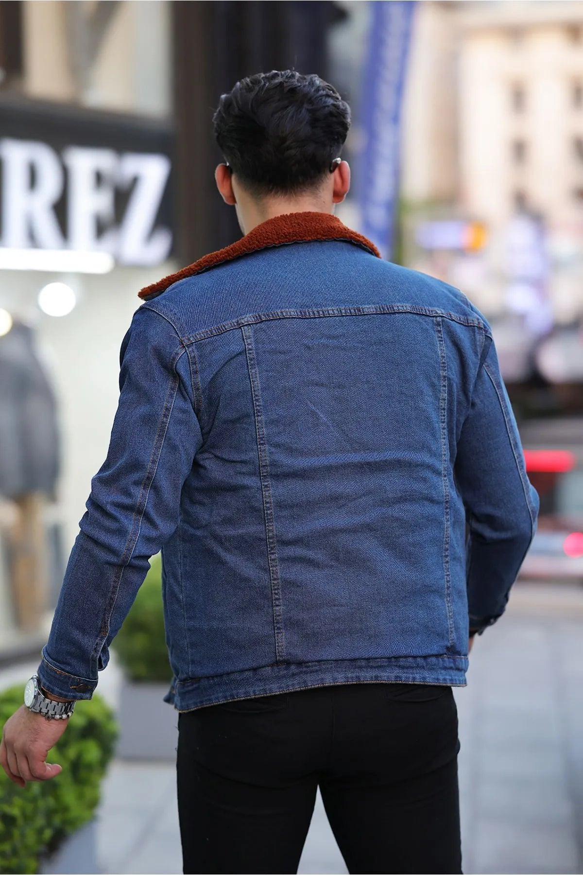 Full Brown Fur Dark Blue Denim Jacket