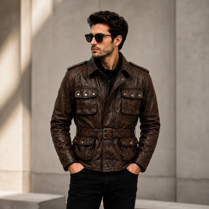Men's Black Leather Military Field Jacket