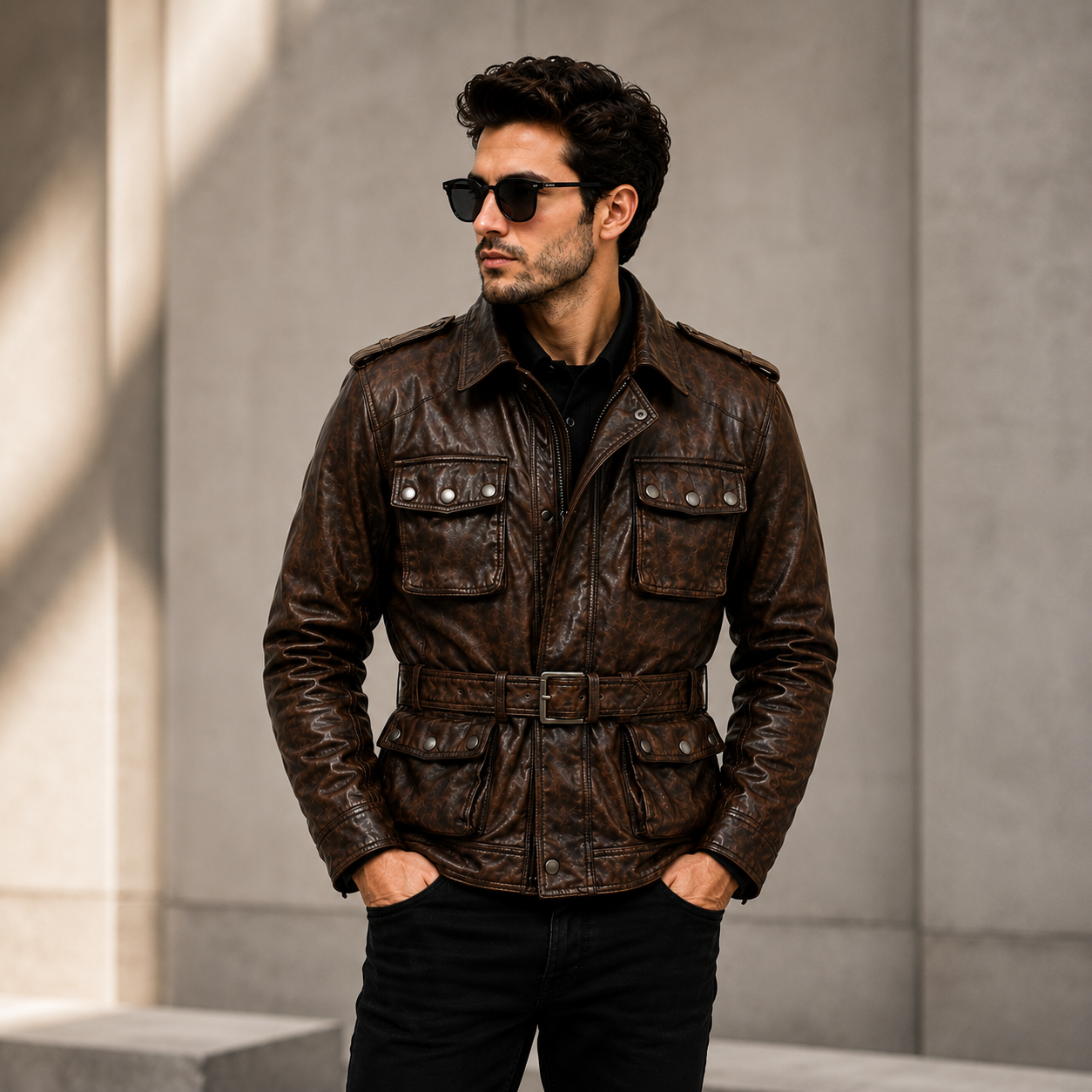 Men's Dark Brown Military Safari Leather Field Jacket