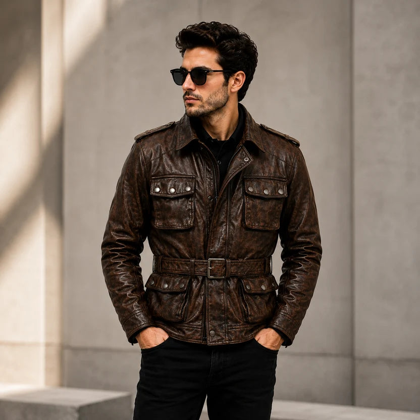 Men's Dark Brown Distressed Leather Field Biker Jacket
