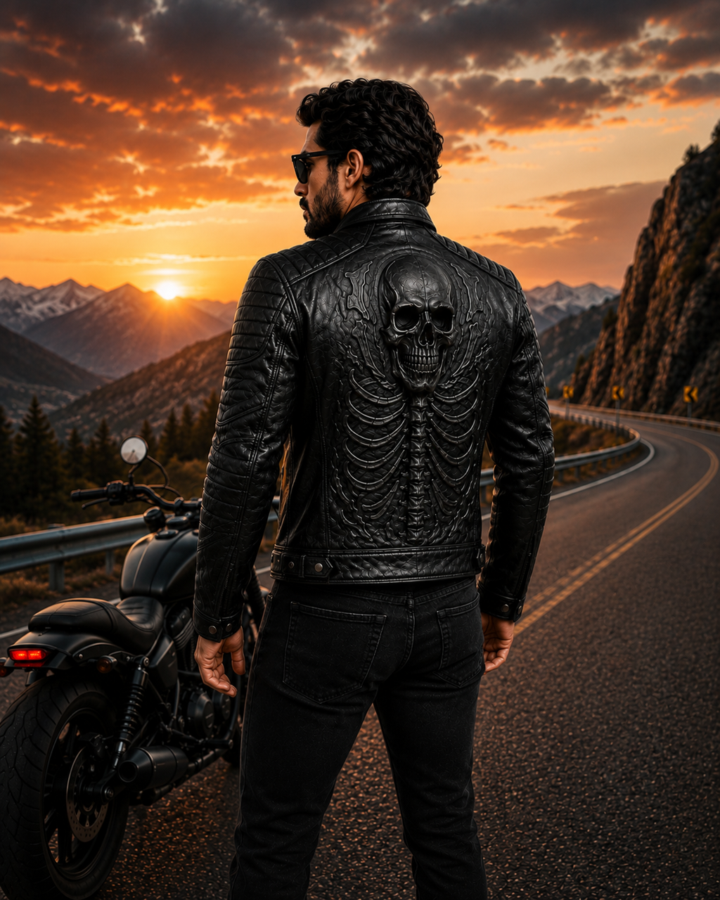 Men's Black Skull Embossed Biker Leather Jacket