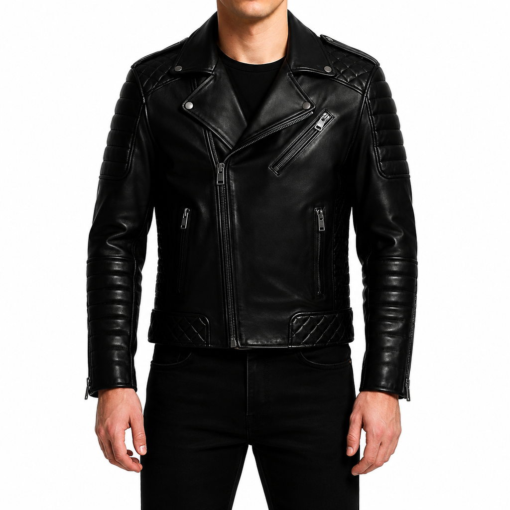 Men's Black Asymmetric Zip Biker Leather Jacket Front View