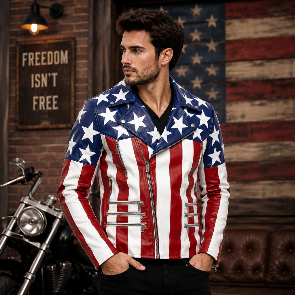 Men's USA Flag Leather Jacket with Jeans 4th July Outfit
