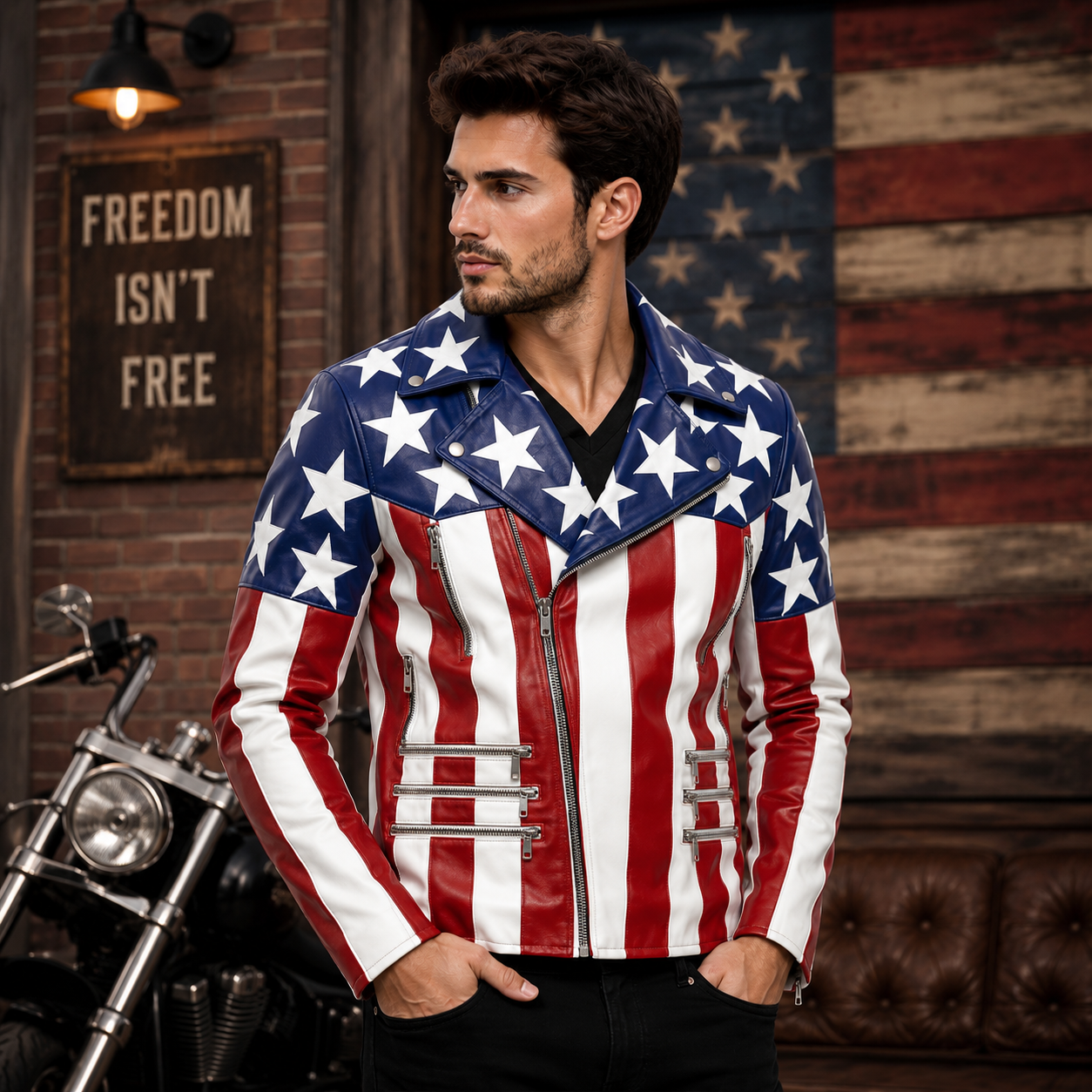 Men's USA Flag Leather Jacket with Jeans 4th July Outfit