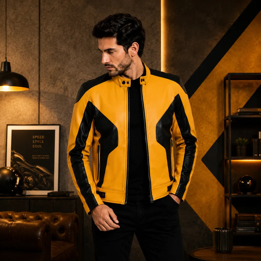 Men's Mustard Yellow and Black Armor Panel Racer Leather Jacket