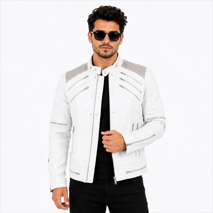 White MJ Style Leather Biker Jacket
