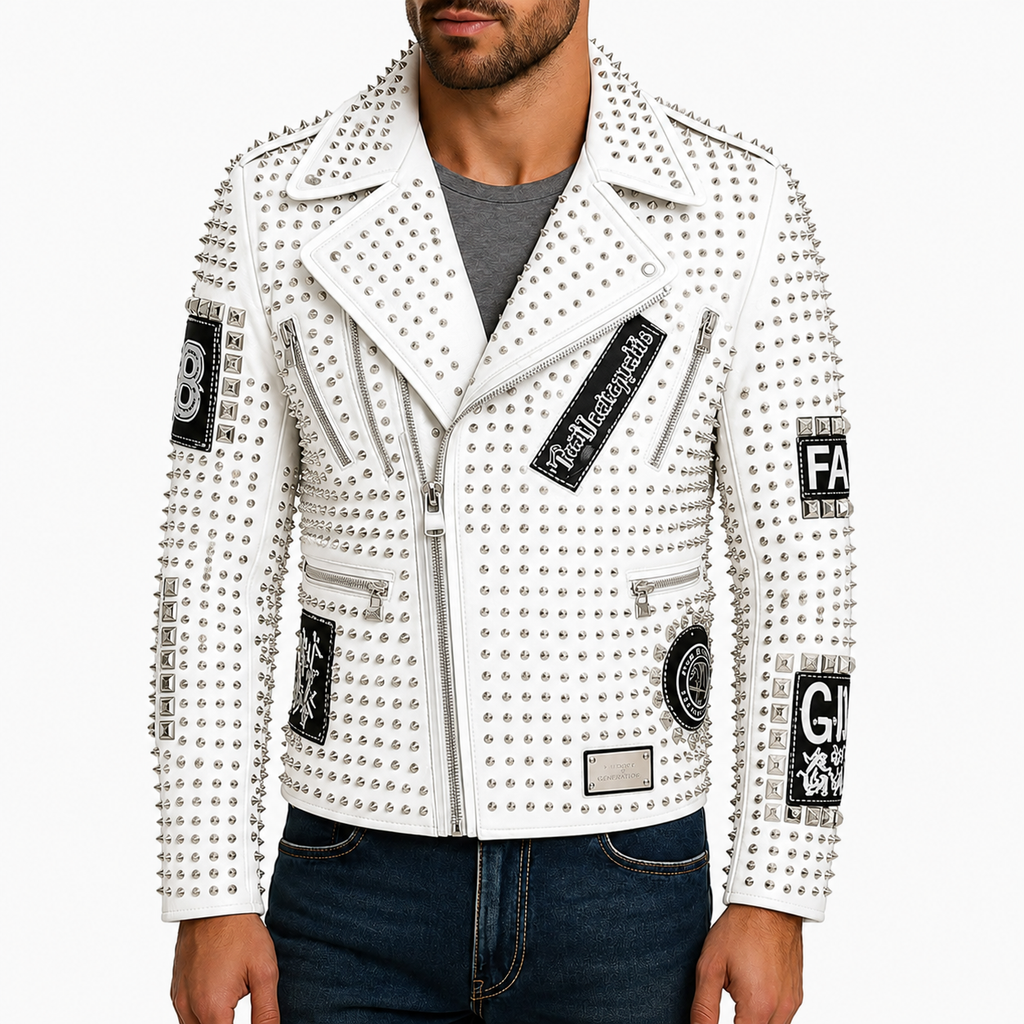 White studded leather biker jacket