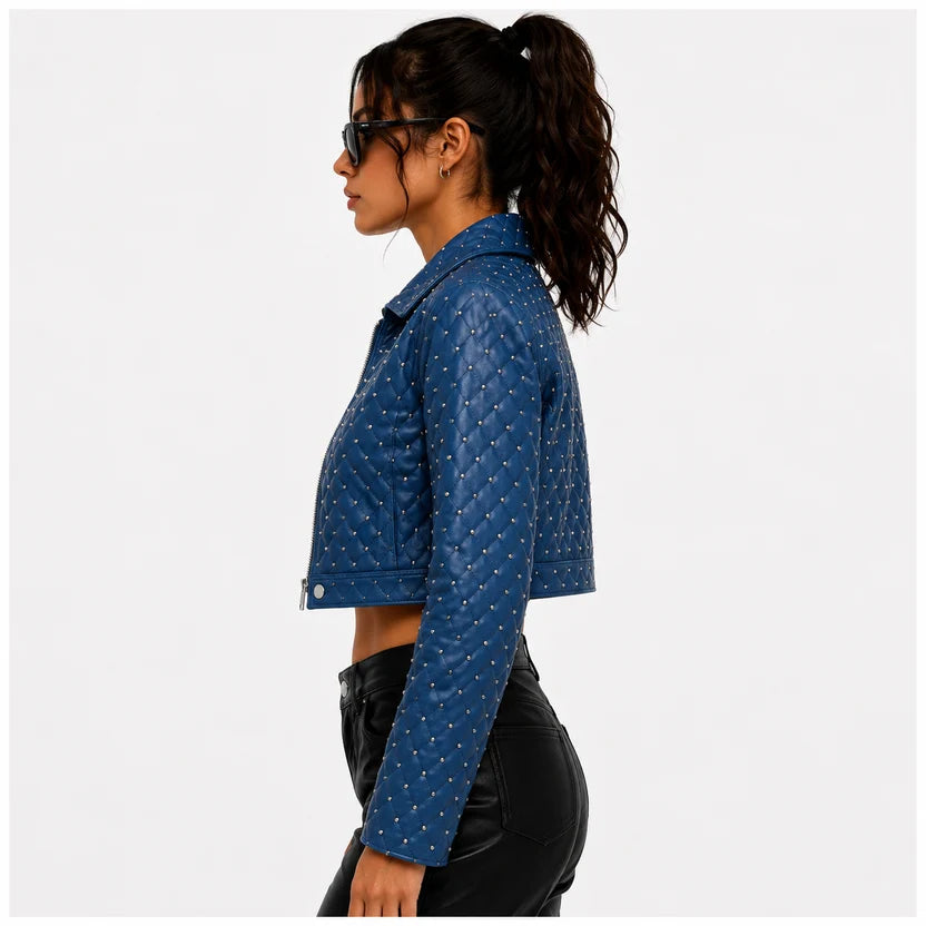 Women's Royal Blue Quilted Studded Cropped Leather Jacket
