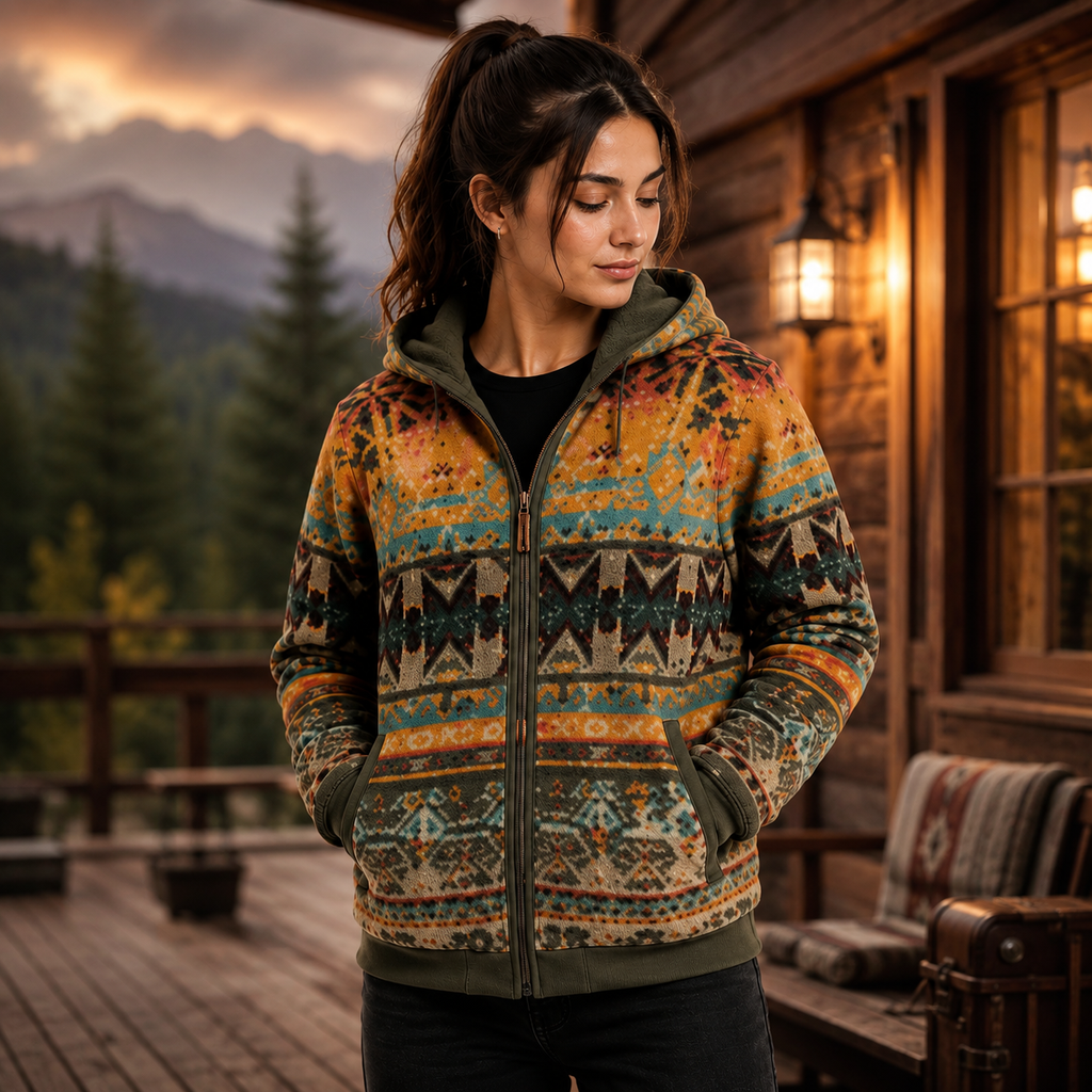 Women's Olive Aztec Sherpa Jacket Festival